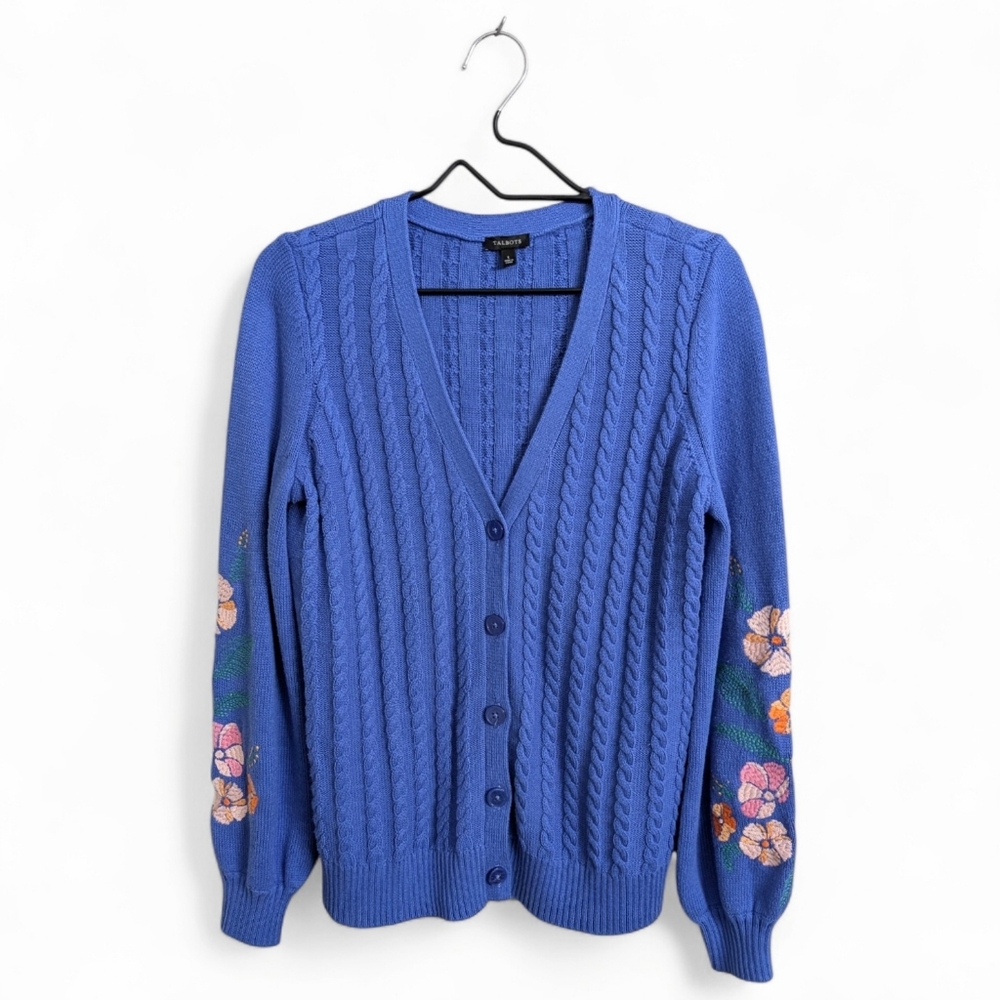 Talbots Blue Floral Embroidered Cable Knit Cardigan Sweater Balloon Sleeves S